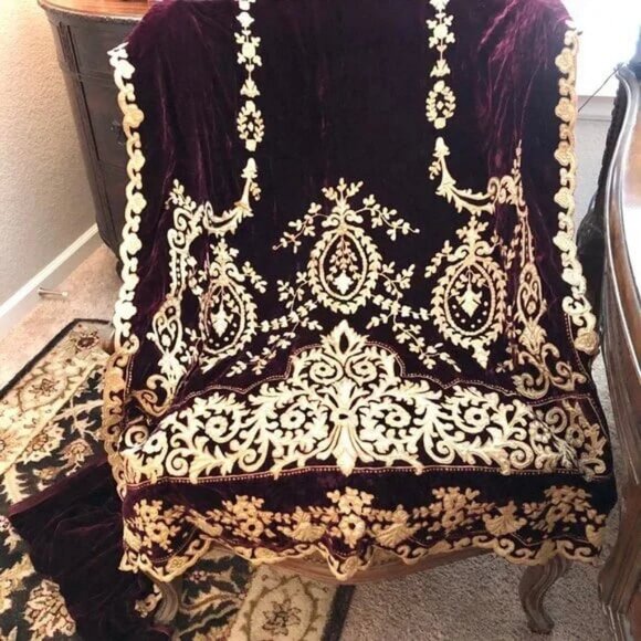 AA Baroque Burgundy Velour Antique Gold Brocade Drapery Panel Swag 100 x 38" - Picture 4 of 8